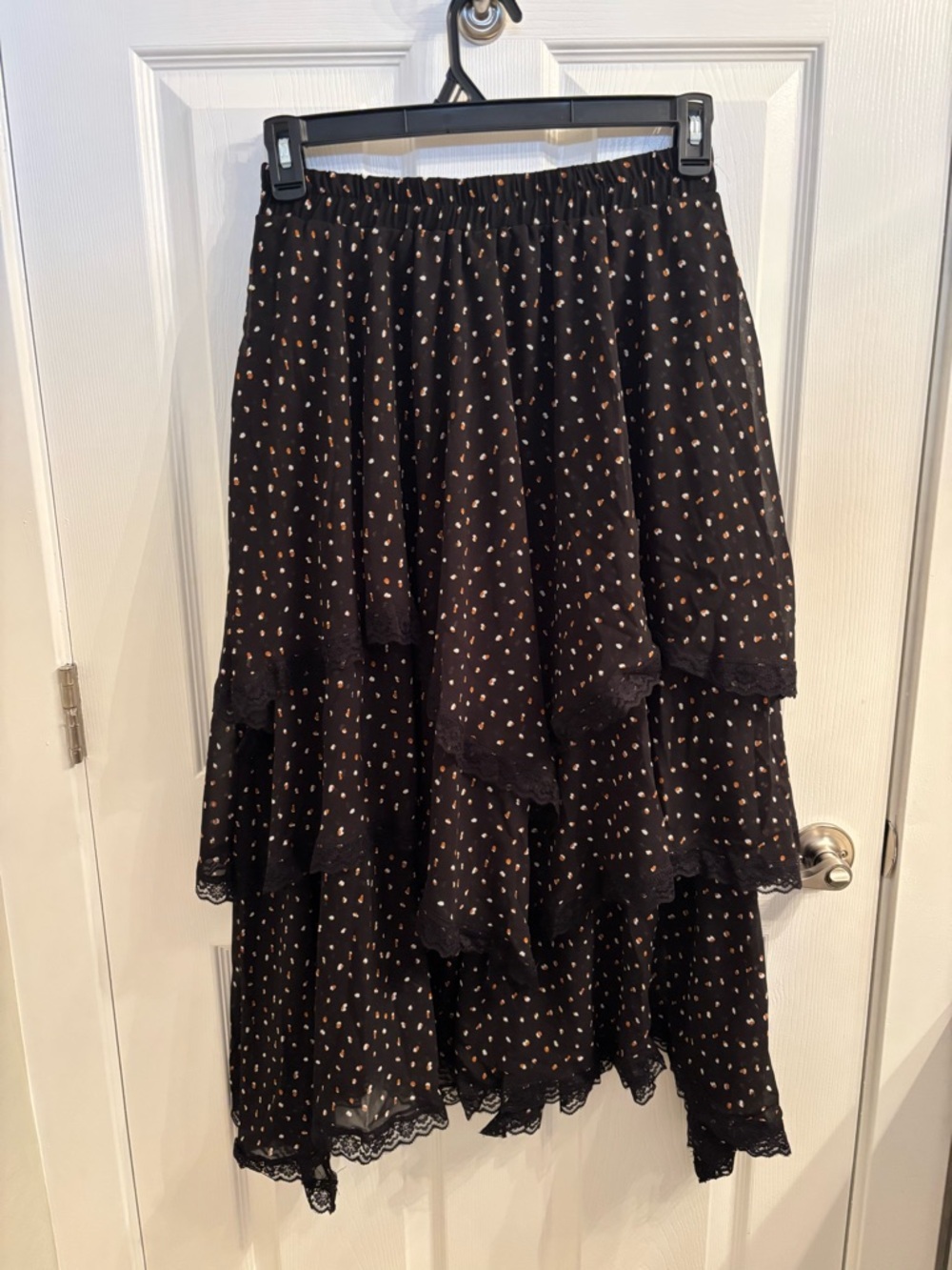 Rusttydustty Black Tiered Ruffle Midi Skirt Polka Dot Boho Size L